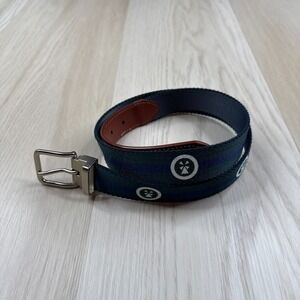 Peter Millar Mens Green Blue Striped Logo Adjustable Silver Buckle Belt